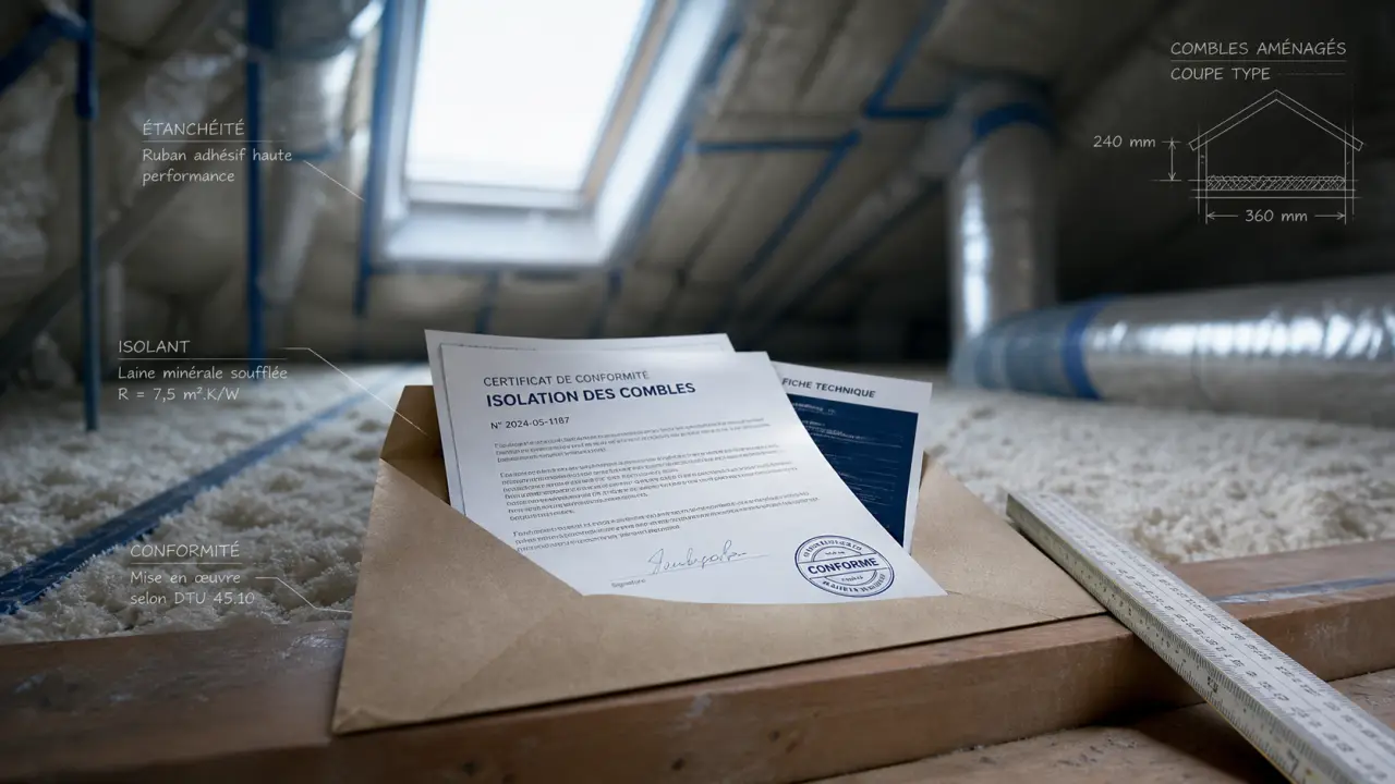 Certificat de conformité isolation combles dans un grenier, laine isolante visible