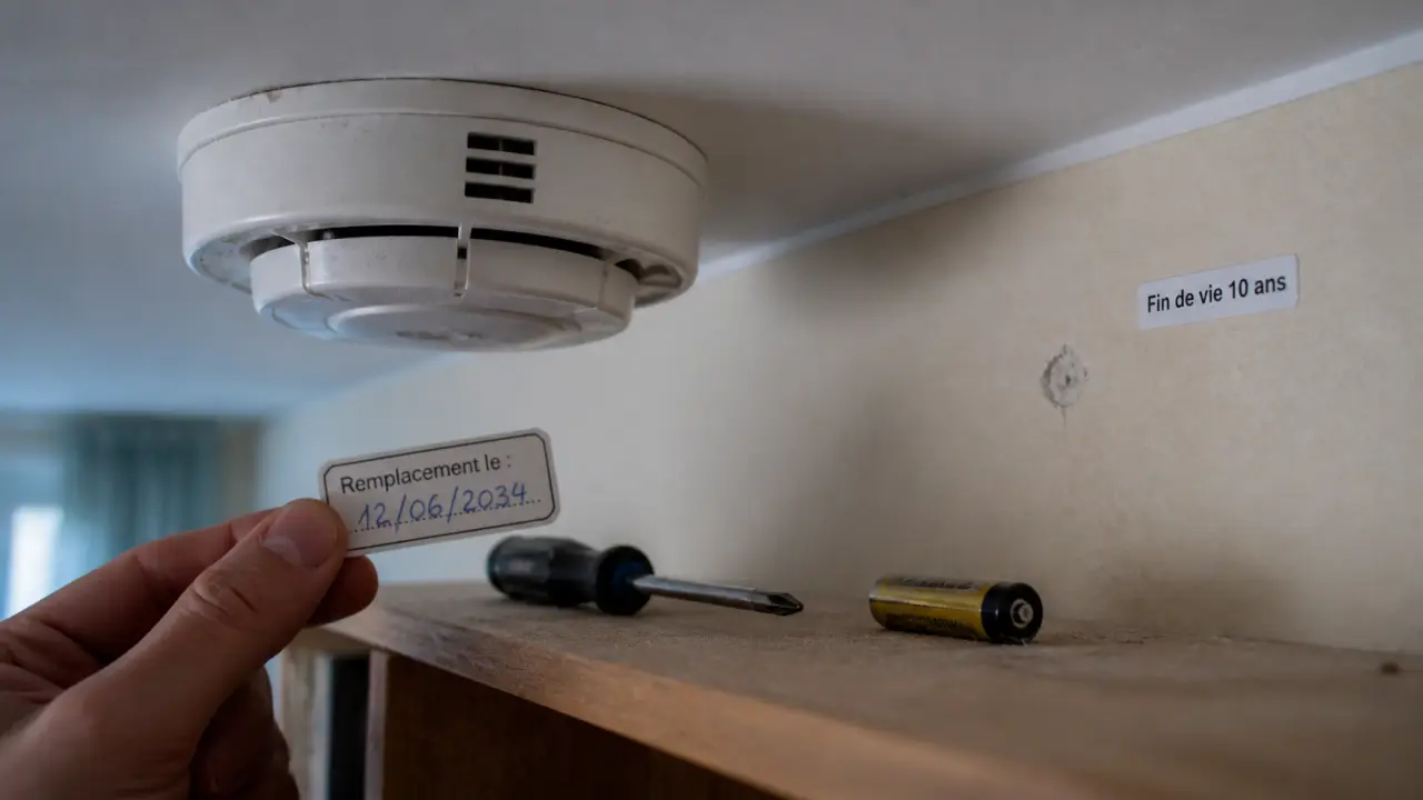 Durée de vie d un détecteur de fumée : étiquette de remplacement sur détecteur au plafond