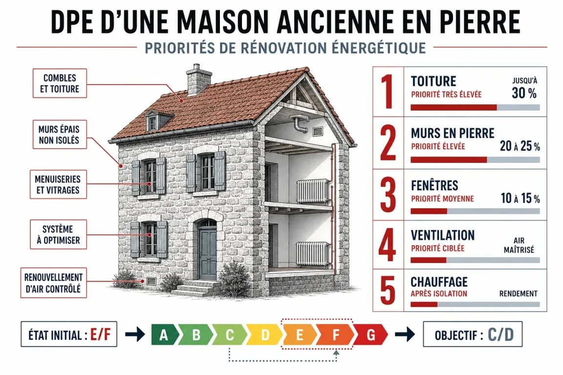 DPE maison ancienne en pierre : infographie des postes de déperdition et des priorités de rénovation