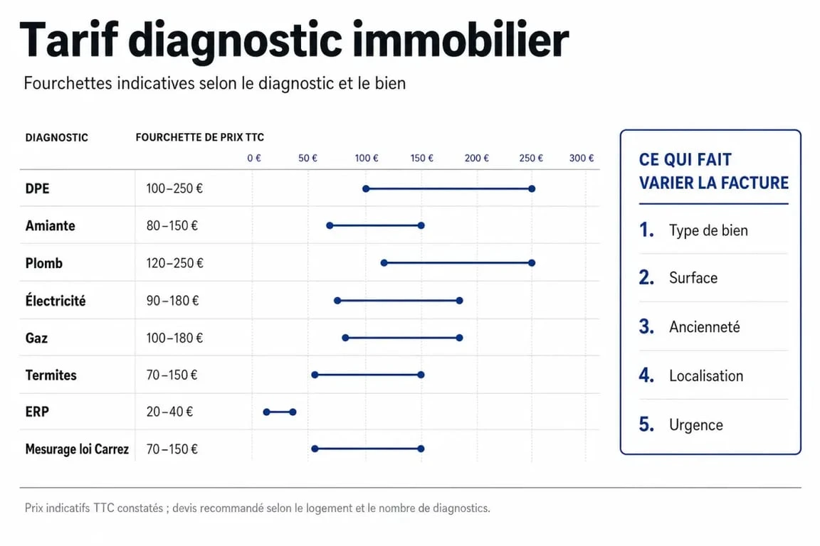 Tarif pour diagnostic immobilier : infographie des prix indicatifs des diagnostics et des facteurs qui font varier le devis