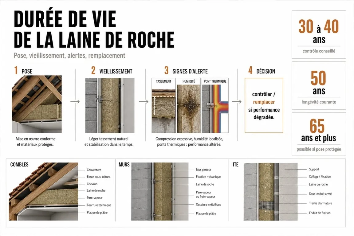 Laine de roche durée de vie : frise visuelle de pose, vieillissement et remplacement