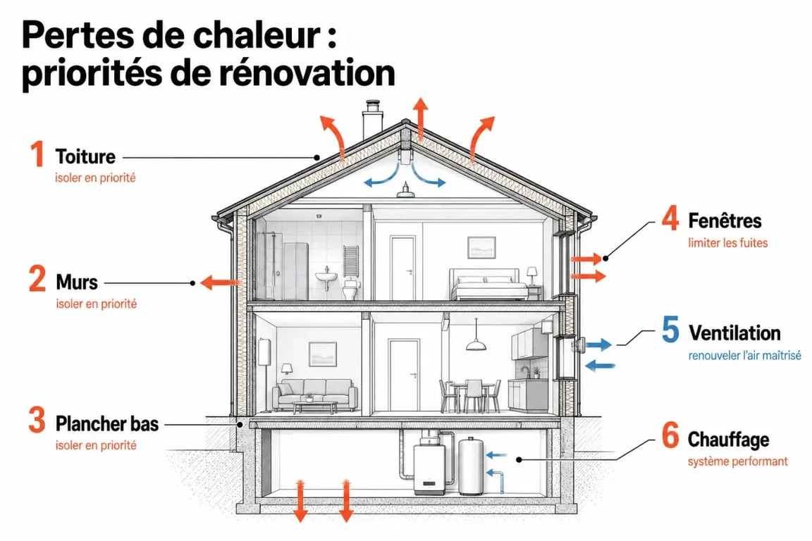 Rénovation énergétique maison : schéma éditorial des pertes de chaleur et des priorités de travaux