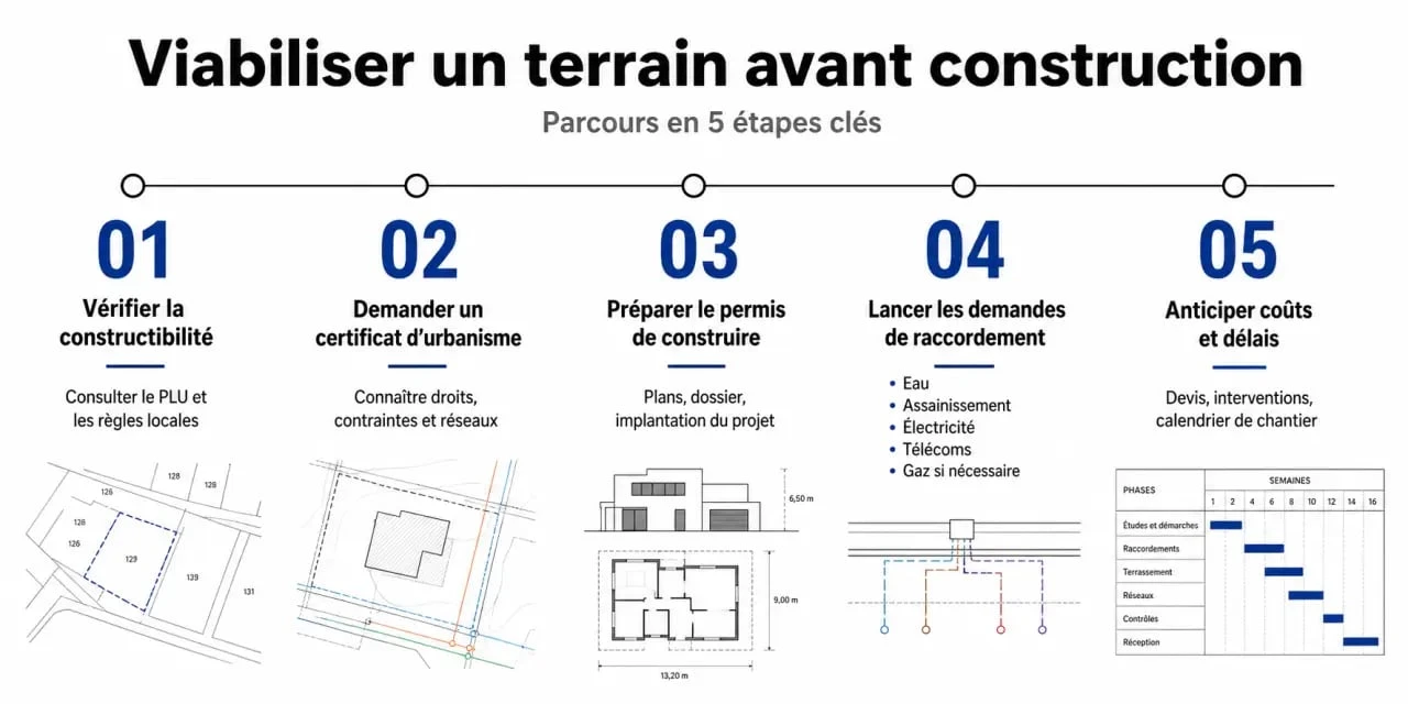 Viabiliser un terrain : schéma des étapes administratives et techniques avant construction