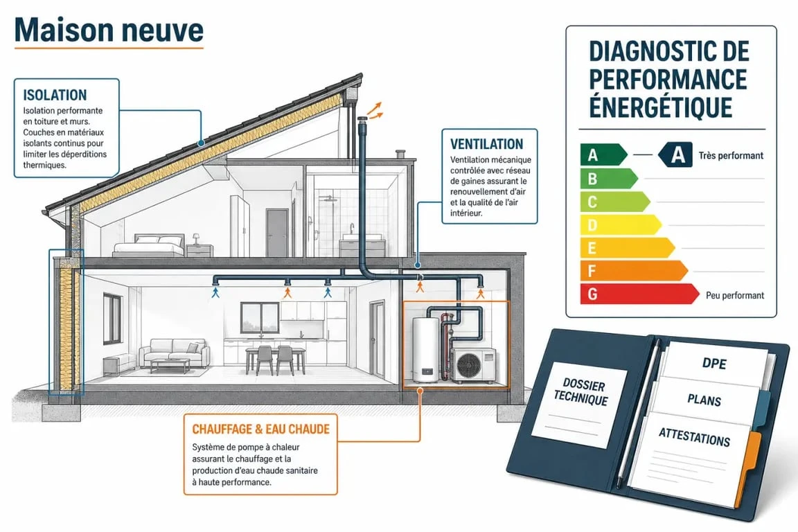 DPE maison neuve : schéma éditorial des éléments qui influencent la classe énergétique