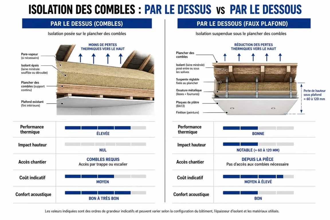 Comparaison isolation thermique plafond par le dessus et par le dessous