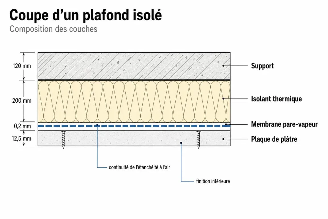 Schéma de coupe d'une isolation thermique de plafond avec pare-vapeur