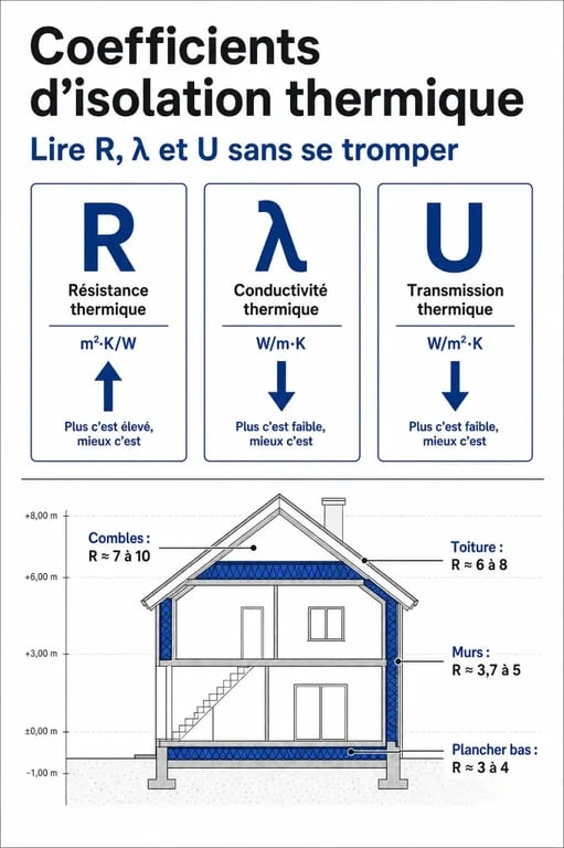 Coefficient isolation thermique : schéma comparatif de R, λ et U avec repères par zone à isoler