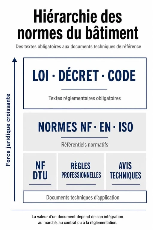 Hiérarchie des normes batiments avec loi, décret, DTU, normes NF et Eurocodes