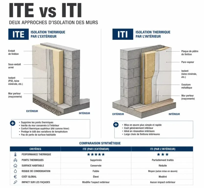 Comparatif technique entre l'isolation thermique par l'extérieur (ITE) et par l'intérieur (ITI)