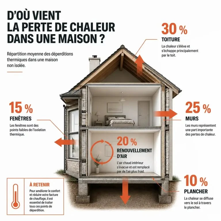 Infographie des déperditions thermiques d'un bâtiment montrant les zones de perte de chaleur