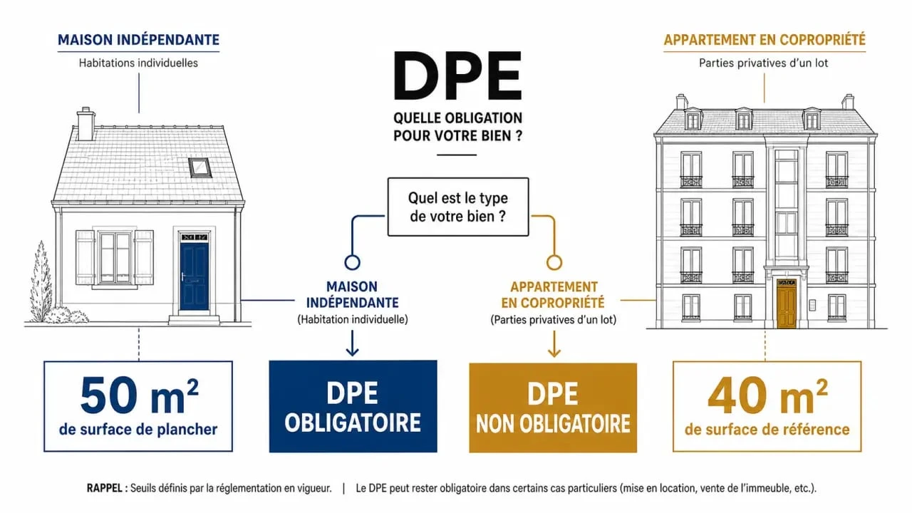 DPE maison moins de 50 m2 : schéma comparatif des cas où le diagnostic est obligatoire ou non