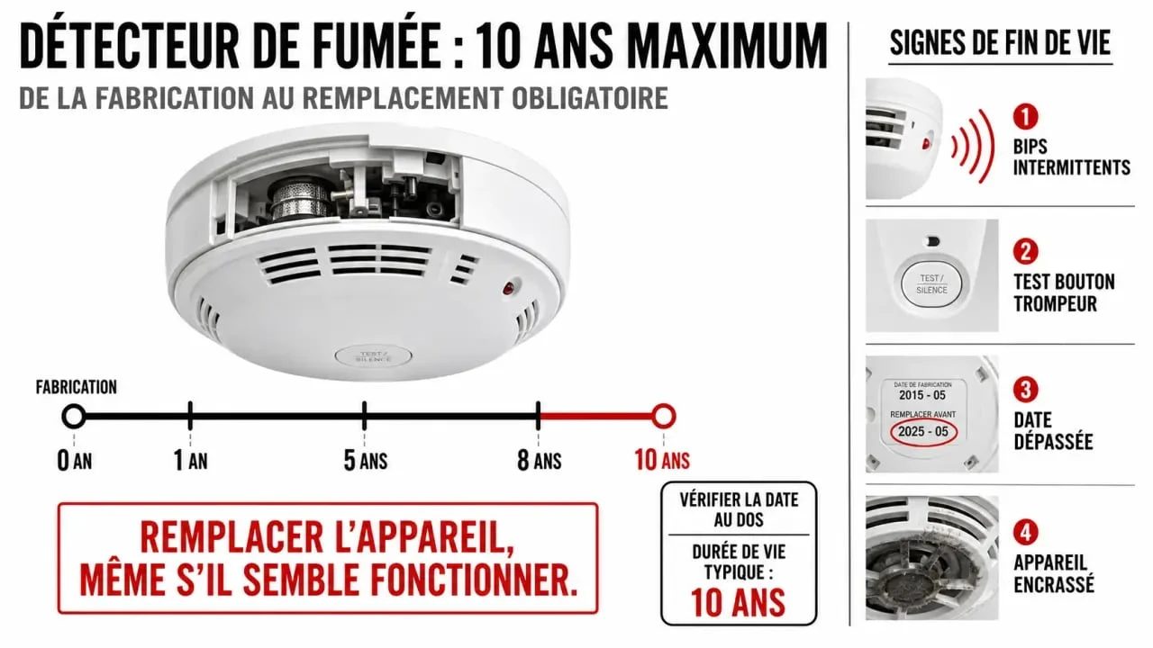 Durée de vie d un détecteur de fumée : infographie sur les 10 ans maximum et les signes de remplacement