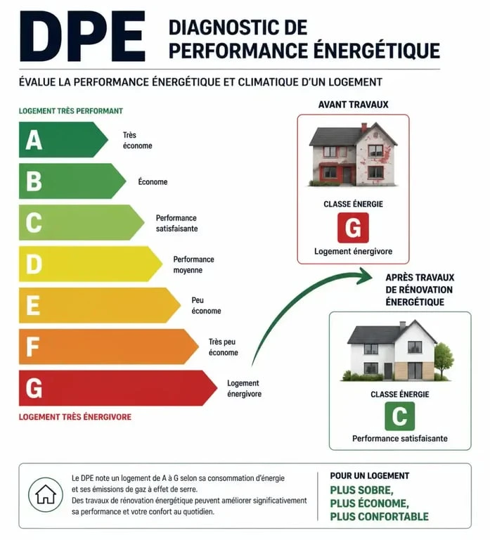 Échelle DPE de A à G pour illustrer l'amélioration énergétique lors de l'achat d'une maison DPE G