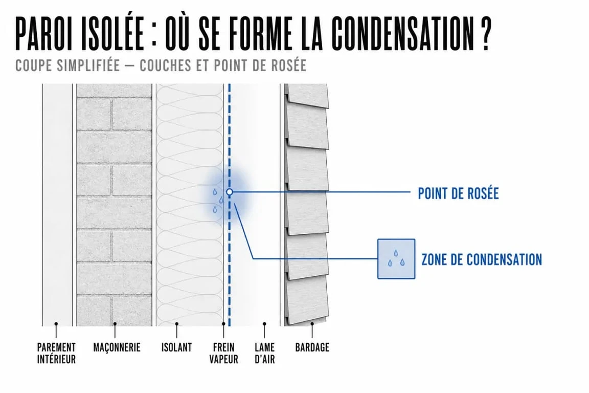 logiciel calcul isolation thermique : coupe simplifiée d’une paroi avec couches d’isolant et zone de condensation