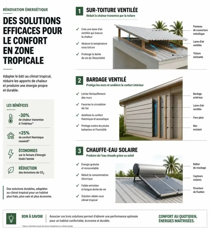 Solutions d'aide rénovation toiture Martinique : sur-toiture, bardage et chauffe-eau solaire
