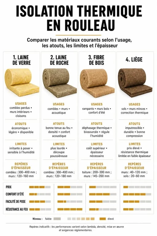 Infographie sur l’isolation thermique en rouleau : matériaux, usages et épaisseurs à comparer