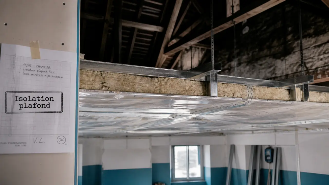 Isolation thermique plafond : faux plafond avec pare-vapeur et isolant