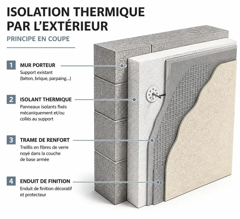Schéma technique d'une isolation thermique par l'extérieur à Saint-Louis