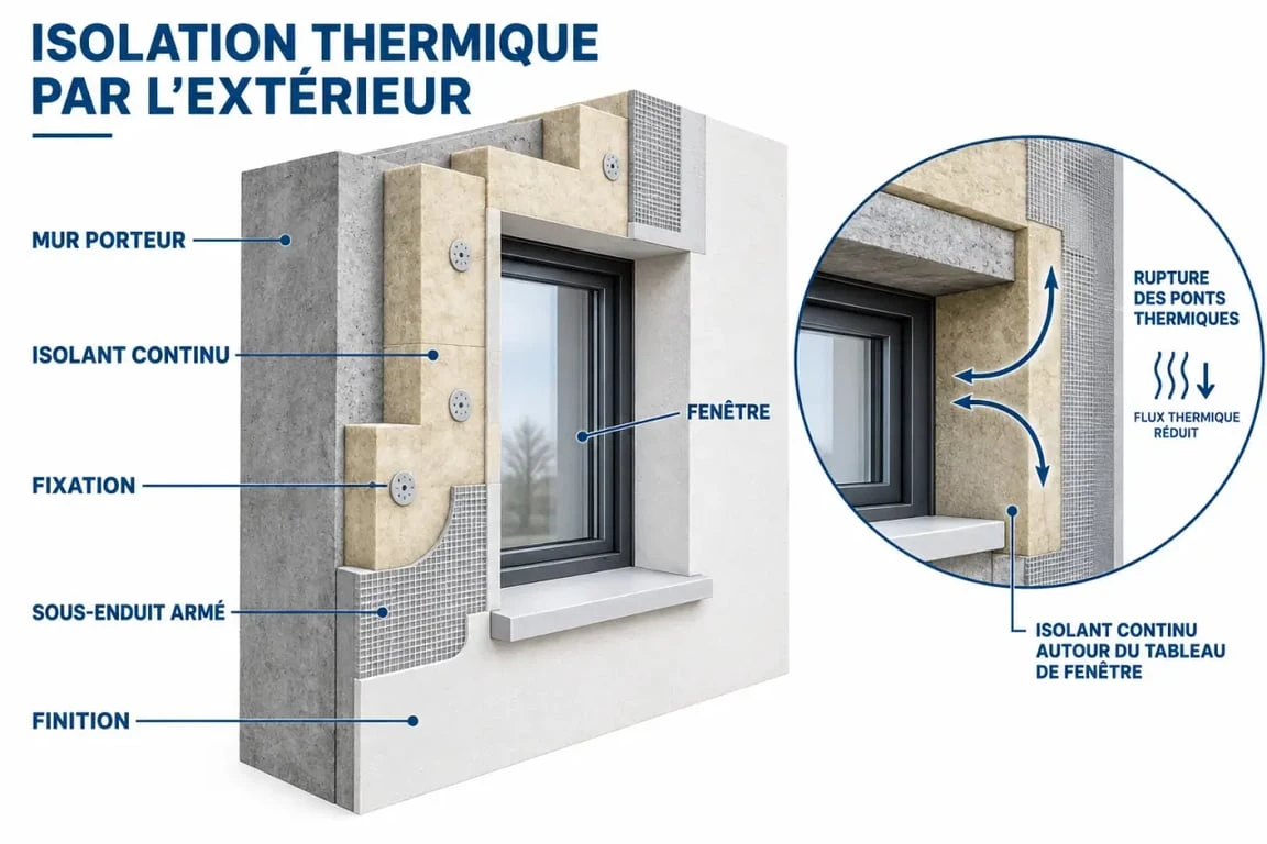 Schéma d'isolation thermique extérieure à Anglet avec couches de façade et traitement des ponts thermiques