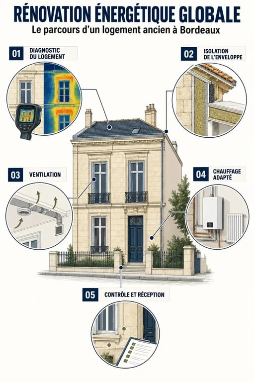 Infographie sur les étapes d’une rénovation énergétique globale à Bordeaux