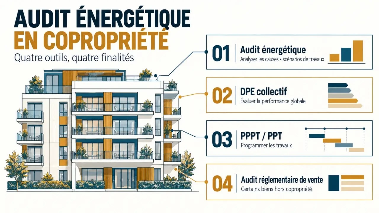 Audit énergétique copropriété : distinction visuelle entre audit, DPE collectif et PPPT