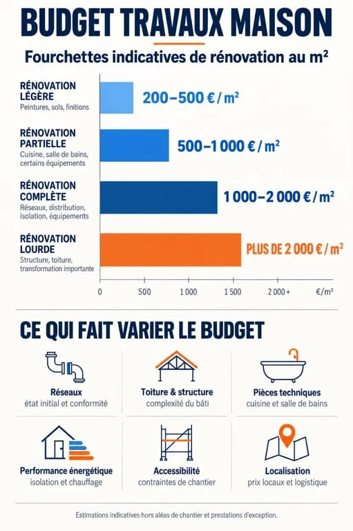 Budget travaux maison : infographie des prix de rénovation au m² et des principaux postes de coût