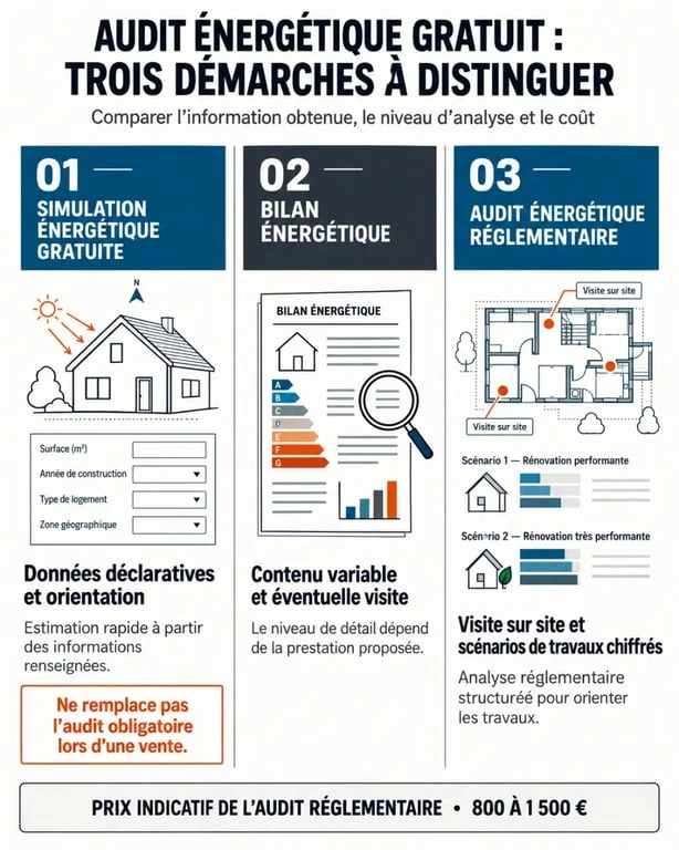 Audit énergétique gratuit : comparaison entre simulation gratuite, bilan énergétique et audit réglementaire