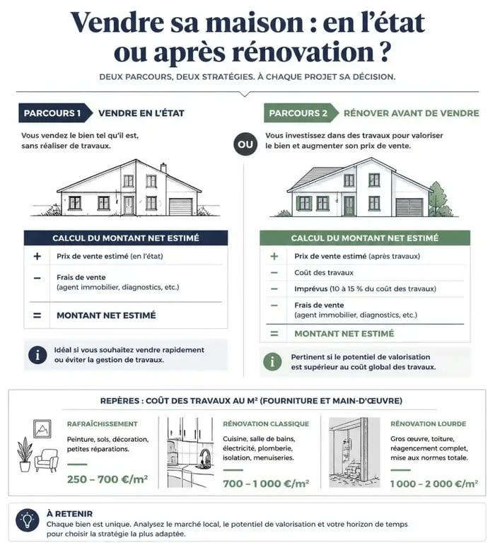 Infographie pour vendre une maison avec travaux : arbitrage entre vente en l'état et rénovation