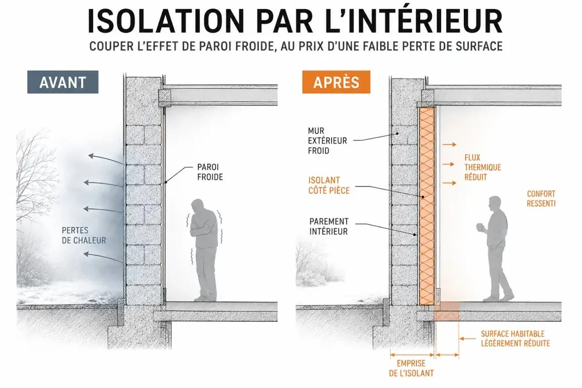 Isolation thermique intérieur d’un mur en coupe, avec isolant et parement