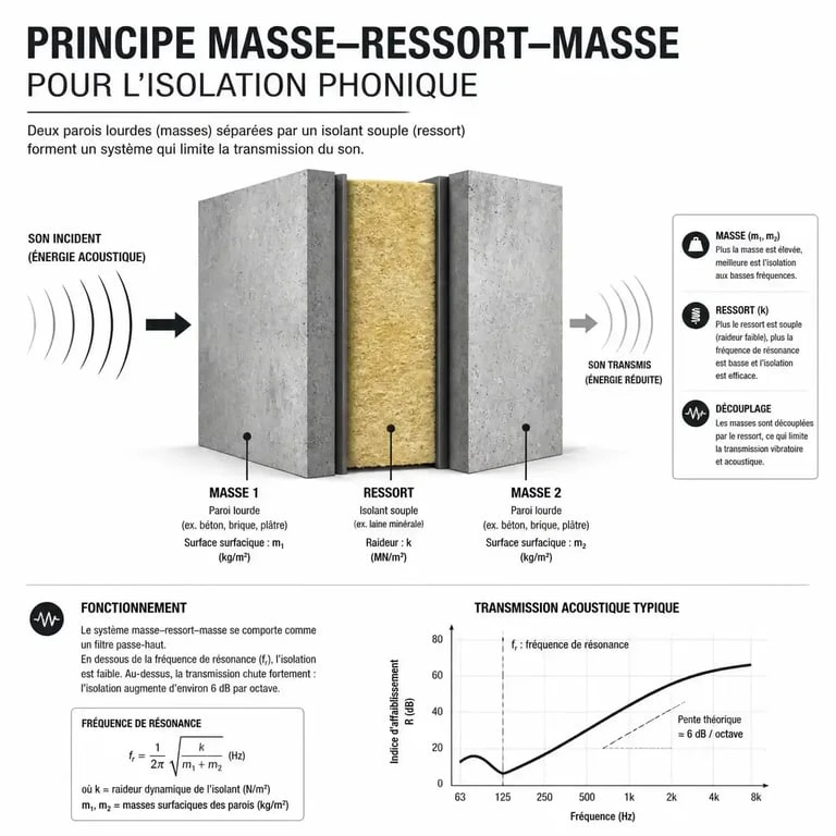 Principe masse-ressort-masse pour une isolation thermique et phonique efficace