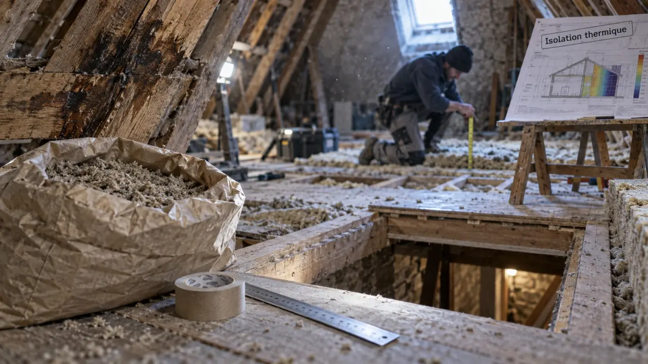 Isolation thermique l'arbresle : artisan mesure le grenier avant travaux RGE