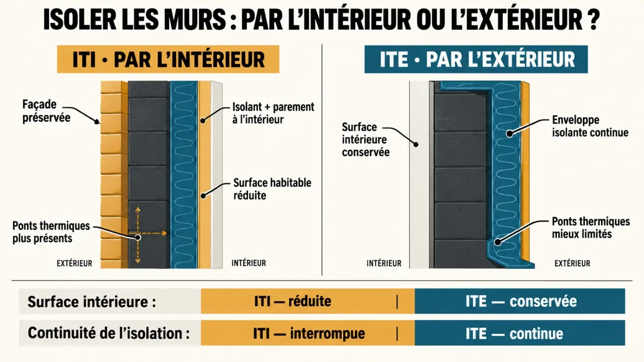 Infographie comparative de l’isolation thermique des murs par l’intérieur et par l’extérieur