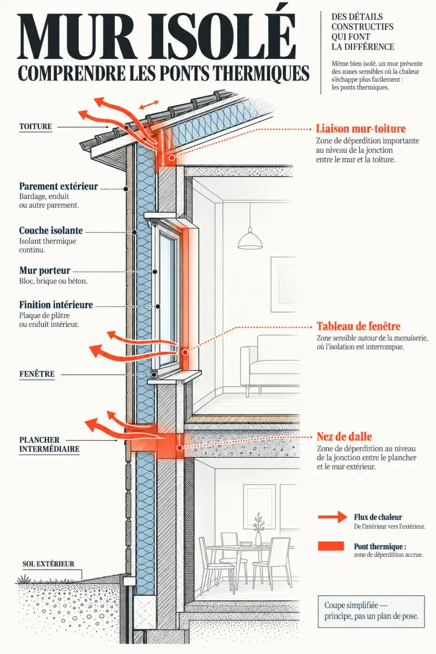 Schéma simplifié des ponts thermiques dans l’isolation thermique des murs