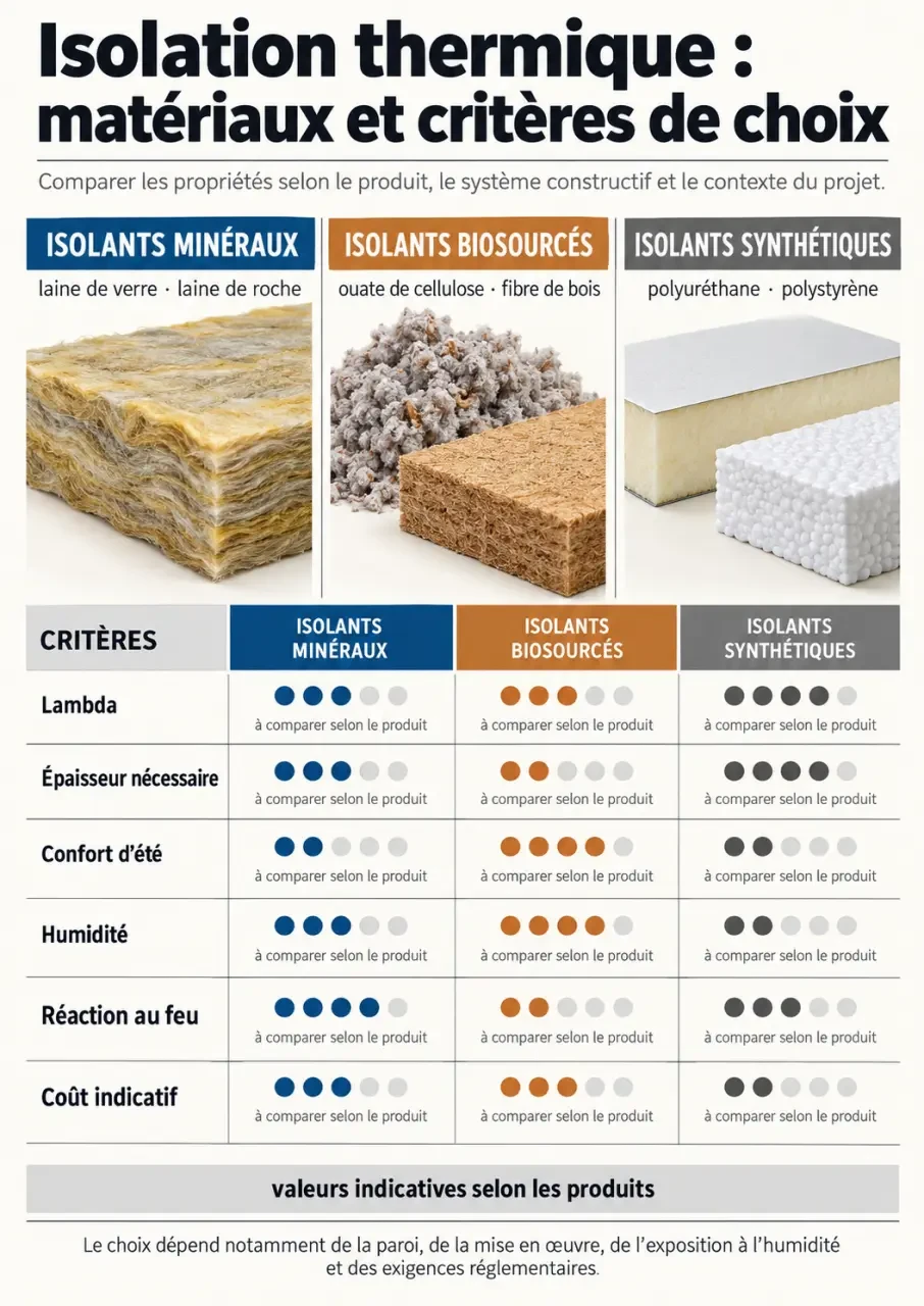 Infographie comparative sur les matériaux d’isolation thermique par familles minérales, biosourcées et synthétiques