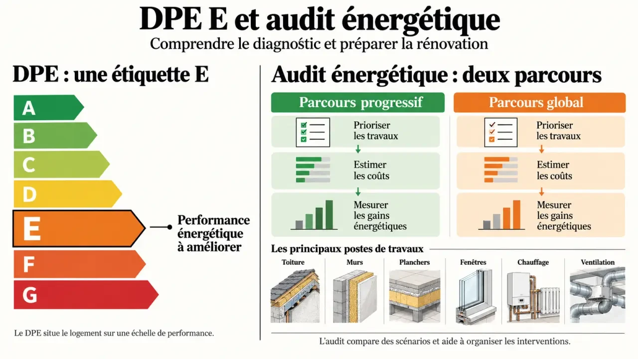 Audit énergétique DPE E : comparaison entre le classement énergétique et les scénarios de rénovation